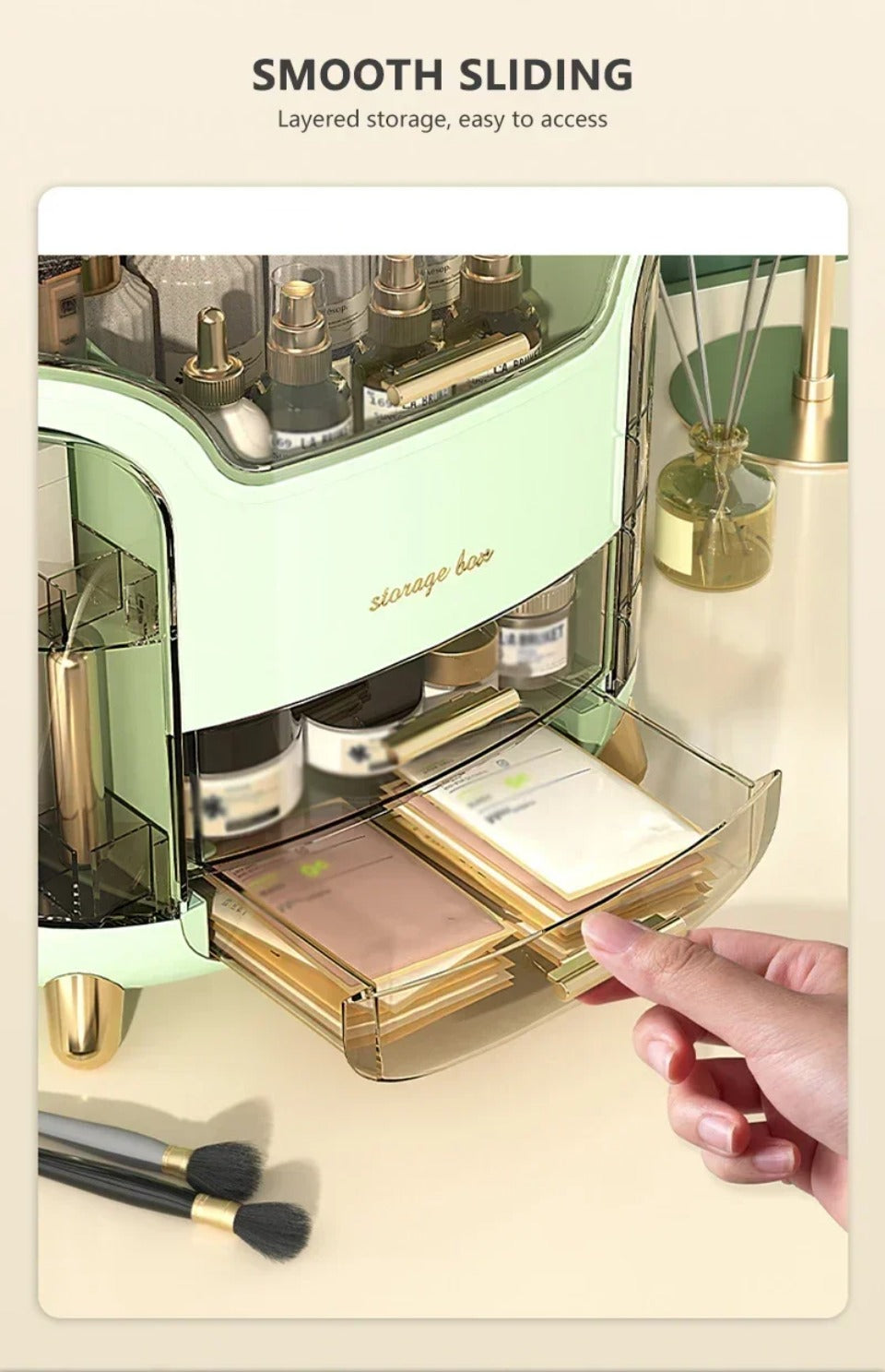 Transparent Makeup Storage Organizer with Sliding Doors and Drawers