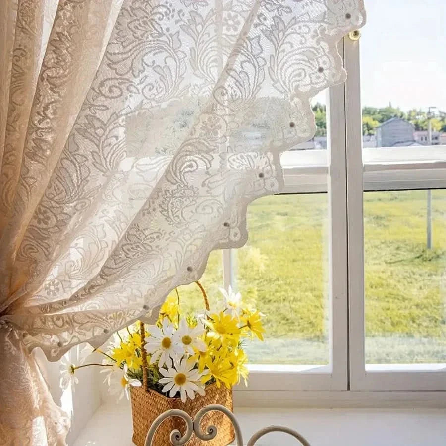 Elegant Beaded Phoenix Tail Lace Curtain in French Country Style