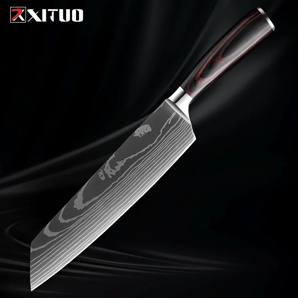 Kitchen Knife Collection - 1-9 Pieces Stainless Steel Chef, Santoku & Fruit Knives with Ergonomic Pakkawood Grip