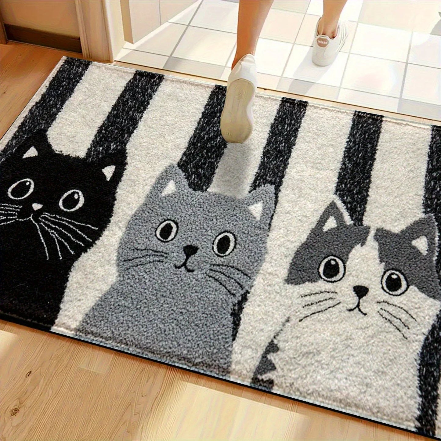 Waterproof Soft Floor Mat with Striped Cartoon Cat Design