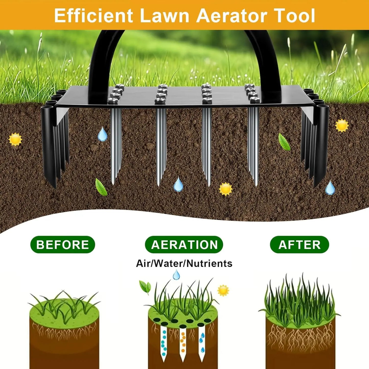 Manual Lawn Aerator with Carbon Steel | 16 Spikes & 8 Hollow Tines | For Healthy Grass and Garden