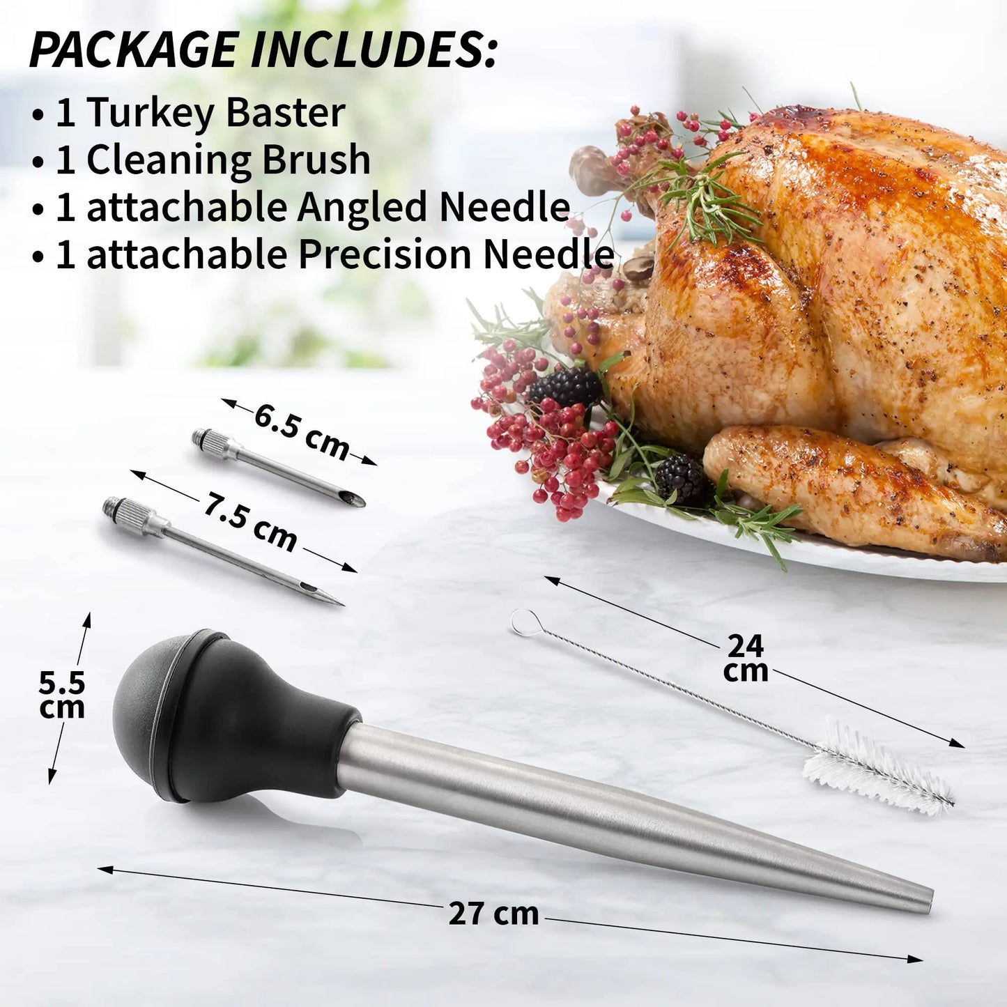 Marinade Injector with 2 Needles & Cleaning Brush | For Liquid & Thick Marinades | Stainless Steel & Silicone