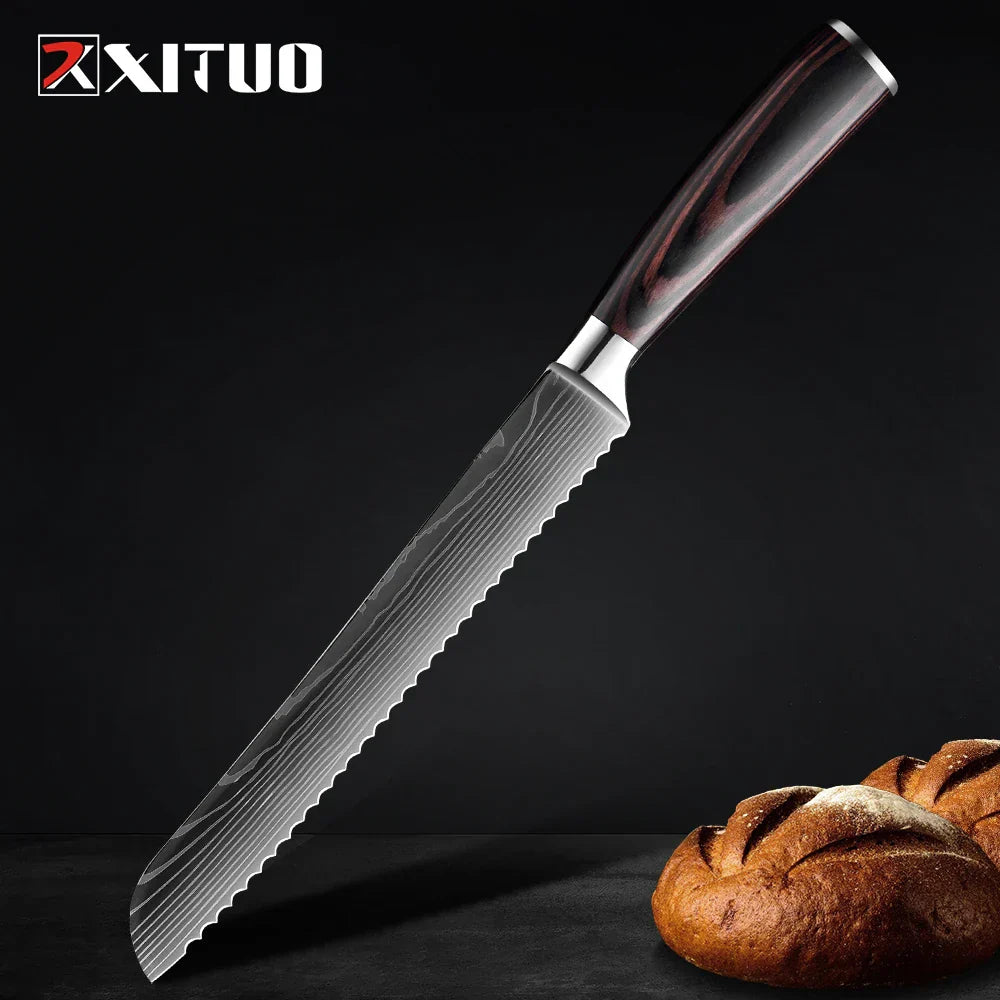 Kitchen Knife Collection - 1-9 Pieces Stainless Steel Chef, Santoku & Fruit Knives with Ergonomic Pakkawood Grip
