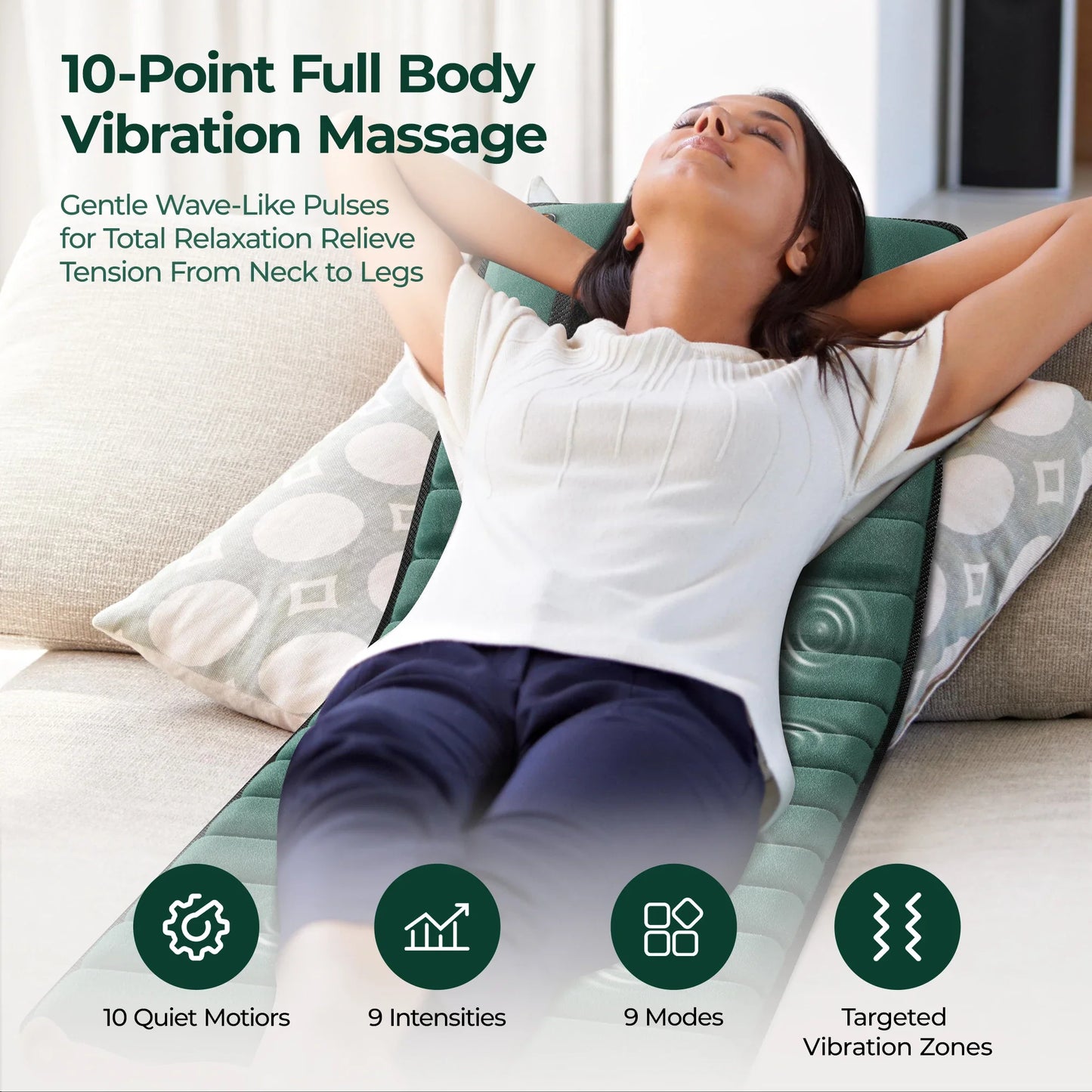 Heat-Enhanced Full Body Massage Mat – 10 Vibration Motors, 9 Settings, Removable Neck Pillow & Foot Massager