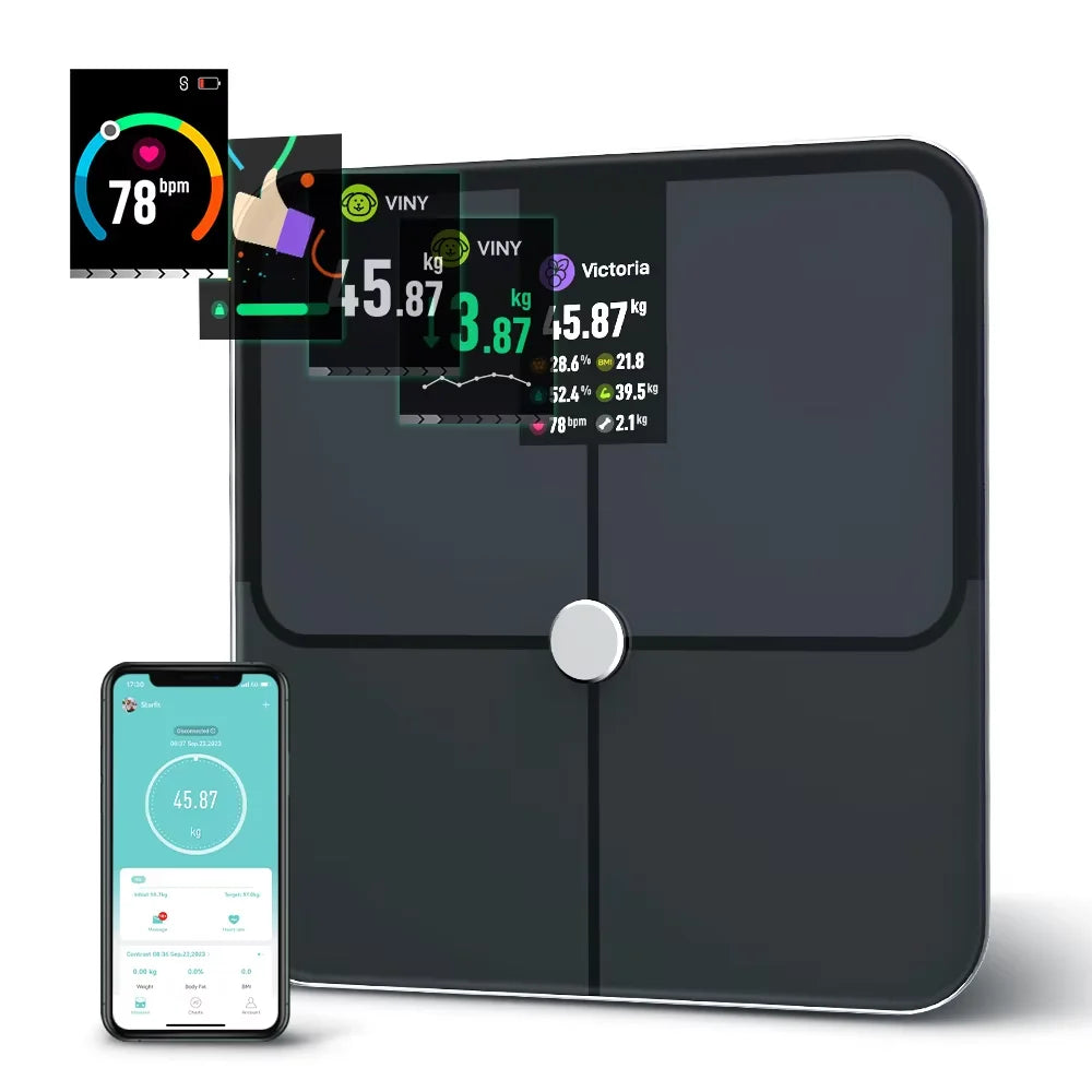 Body Composition Scale with TFT Display | 16 Measurements, Heart Rate, Bluetooth Sync, Tempered Glass, 400 lb Limit