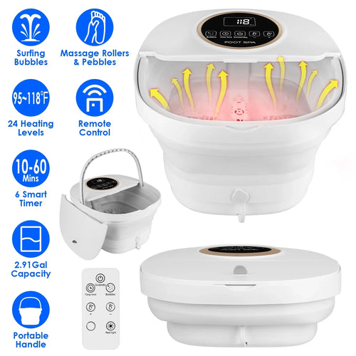 Space-Saving Foot Spa Massager with Remote, 6 Rollers & Bubbles – 11L Basin, 95–118°F