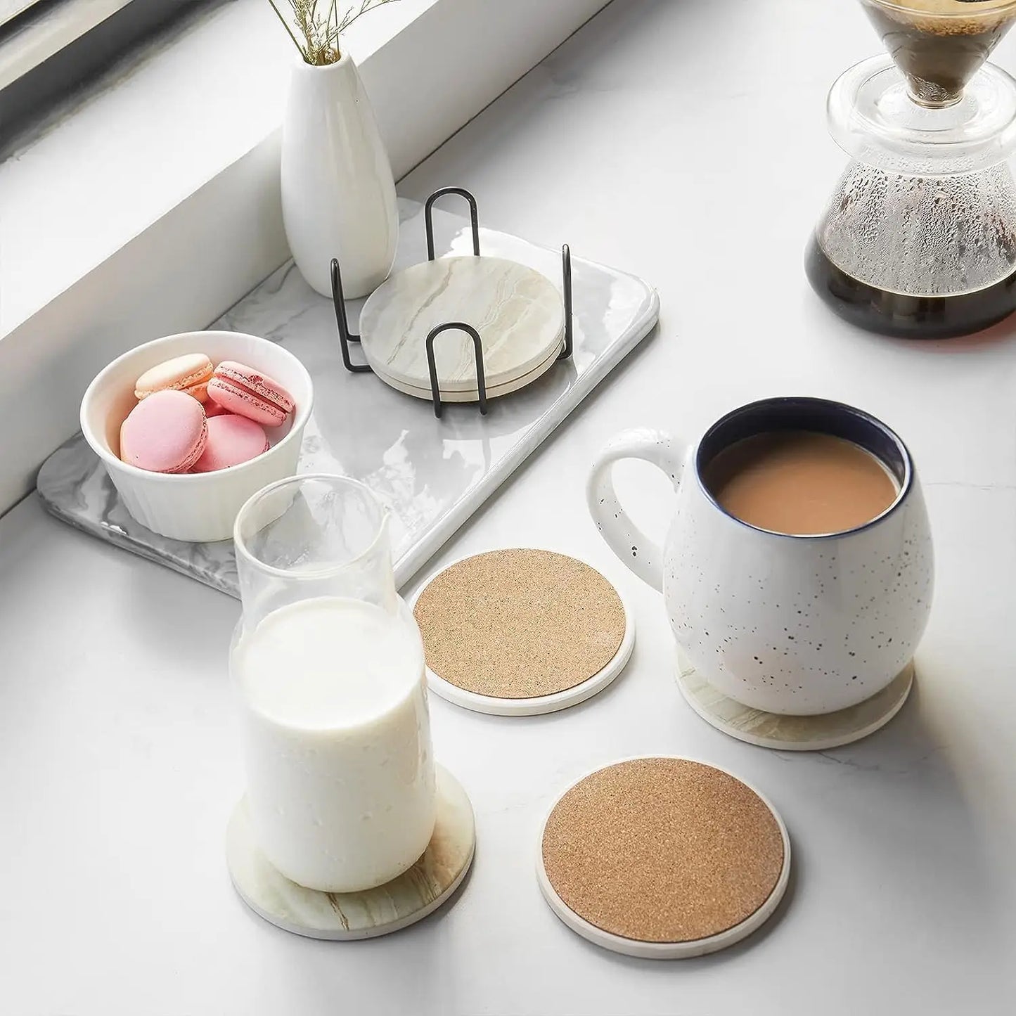 Ceramic Coaster Set with Marble Design – 6 Pieces, Heat-Resistant Holder