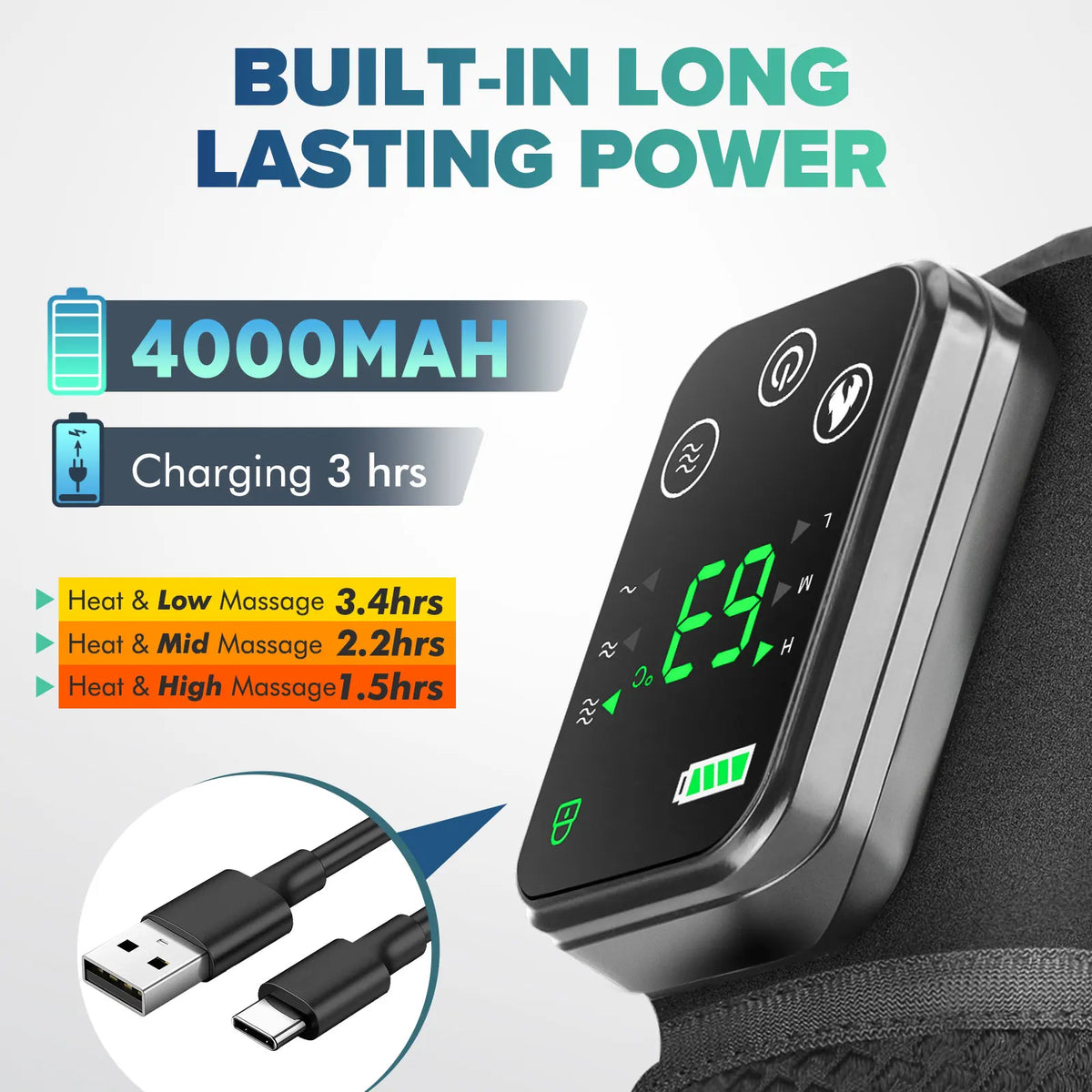 Vibrating Cordless Knee Massage Pad – 3 Heat Settings, 3 Modes, 4000mAh Battery, Adjustable Straps