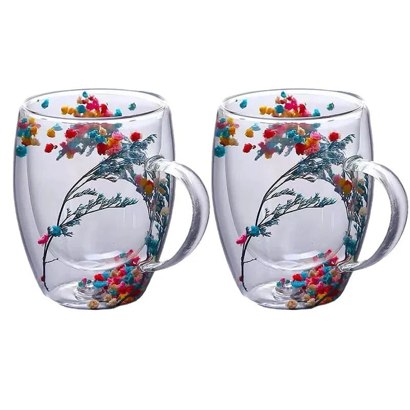 Set of 2 Floral Infused Double-Wall Glass Mugs