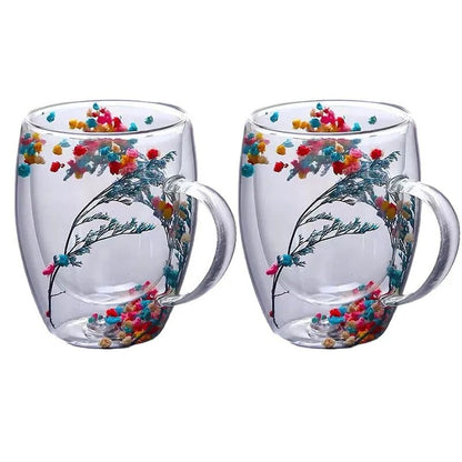 Set of 2 Floral Infused Double-Wall Glass Mugs