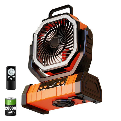 Portable 20000mAh Rechargeable Fan with LED Light & Hook for Outdoor Use