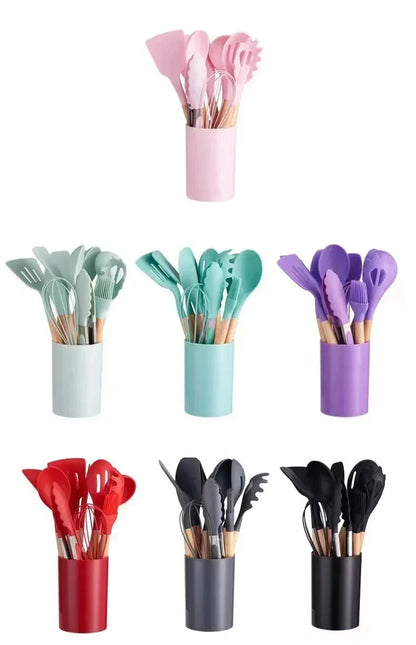 Silicone Cooking Utensils Set - 12 Pieces with Wooden Handles