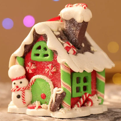 Handmade LED Gingerbread House Ornament – Illuminated Christmas Decor with Santa, Snowman, and Candy Canes