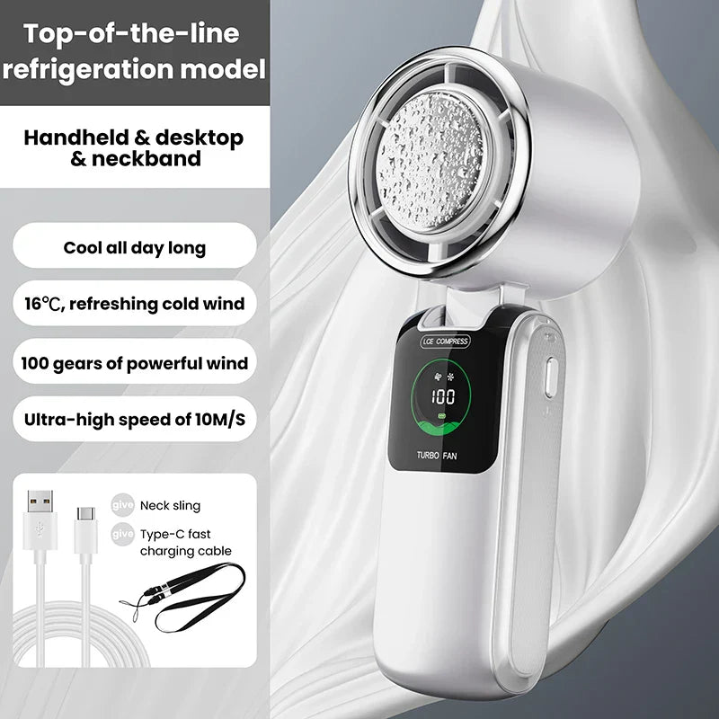 Portable Mini Hand Fan with Cooling Battery | 100 Speed Settings | 10W Turbo Power | Foldable Design