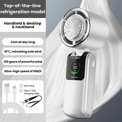 Portable Mini Hand Fan with Cooling Battery | 100 Speed Settings | 10W Turbo Power | Foldable Design