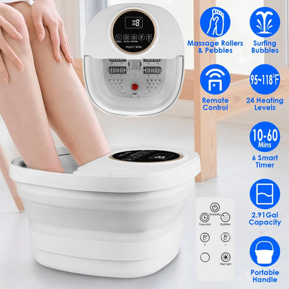Space-Saving Foot Spa Massager with Remote, 6 Rollers & Bubbles – 11L Basin, 95–118°F