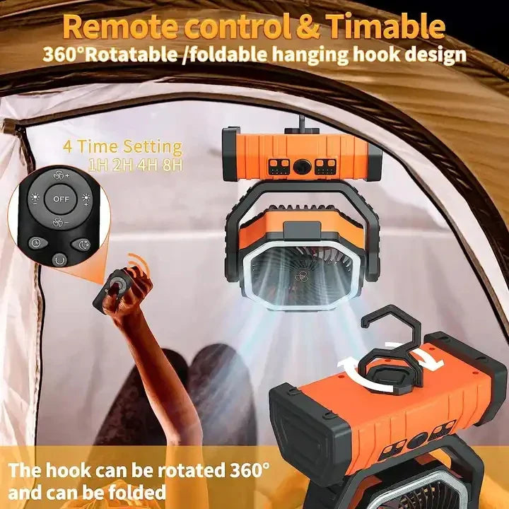 Portable 20000mAh Rechargeable Fan with LED Light & Hook for Outdoor Use