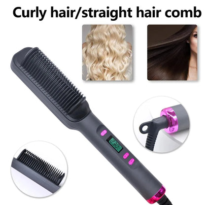 Hair Straightening Brush with LED Temperature Display & Anti-Scald Protection | 360° Rotating Cable