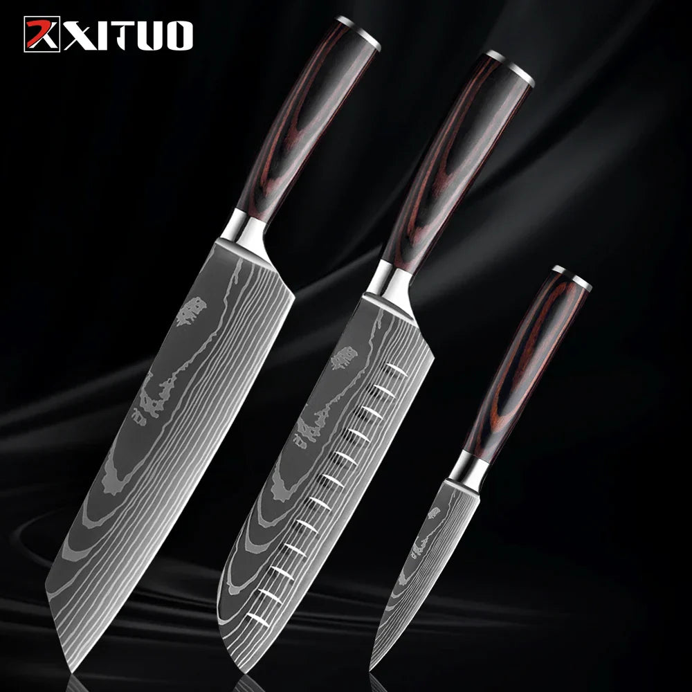 Kitchen Knife Collection - 1-9 Pieces Stainless Steel Chef, Santoku & Fruit Knives with Ergonomic Pakkawood Grip