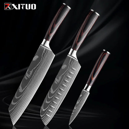 Kitchen Knife Collection - 1-9 Pieces Stainless Steel Chef, Santoku & Fruit Knives with Ergonomic Pakkawood Grip