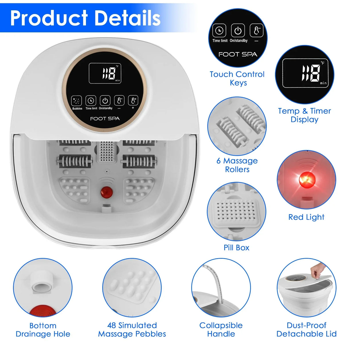 Space-Saving Foot Spa Massager with Remote, 6 Rollers & Bubbles – 11L Basin, 95–118°F