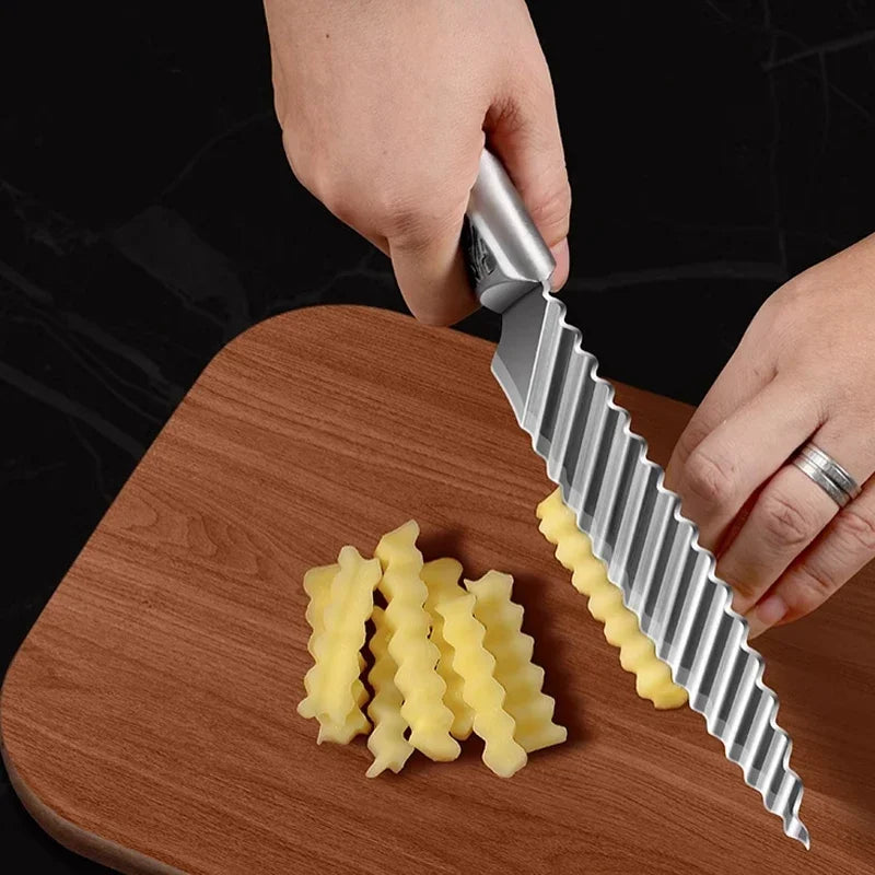Kitchen Knife with Ribbed Blade and Wooden Handle