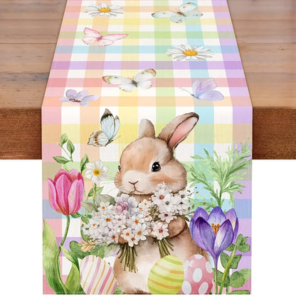 Spring Awakening Table Runner with Easter Bunnies & Butterflies | Linen Fabric | Spring Decor 150x33–200x33 cm