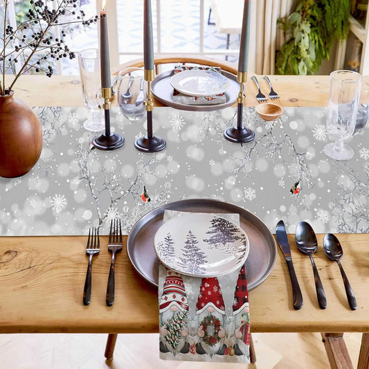 Christmas Table Runner – Luxurious Linen Runner with Snowflake and Gnome Design