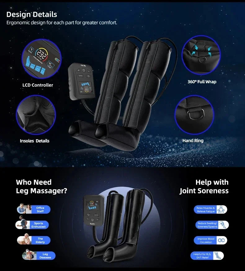 Leg Massager Boots with Air Compression – 4 Chambers, 30–240 mmHg, 5 Levels & LCD Timer