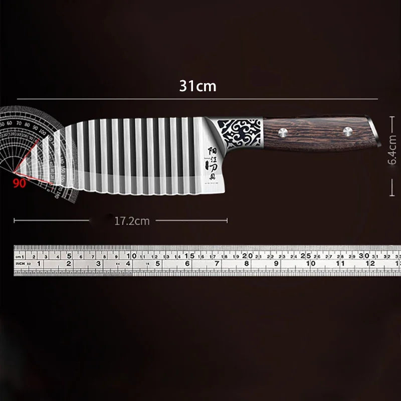 Kitchen Knife with Ribbed Blade and Wooden Handle