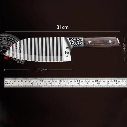 Kitchen Knife with Ribbed Blade and Wooden Handle