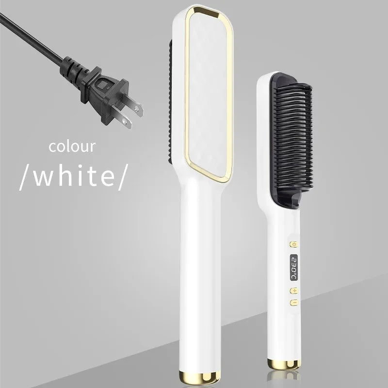 Hair Straightening Brush with LED Temperature Display & Anti-Scald Protection | 360° Rotating Cable