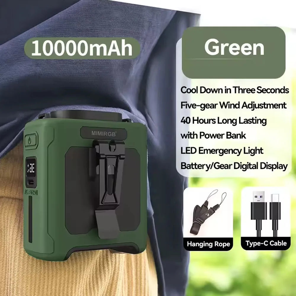 Rechargeable 10000mAh Clip-On Fan with Power Bank – Wearable, USB, 5-Speed