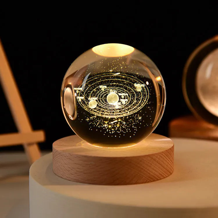 3D Engraved Universe Lamp | Soothing Ambient Light | Crystal Glass & Wood