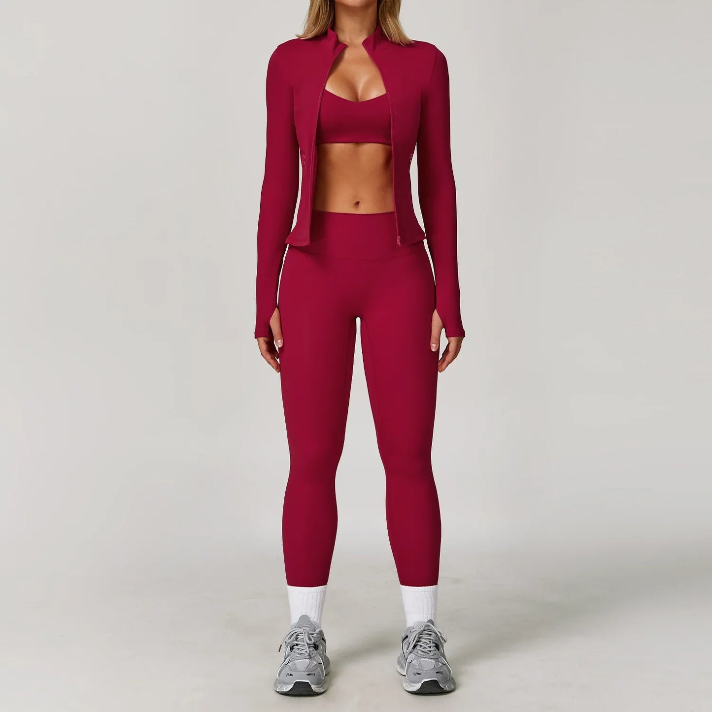 Women's Long Sleeve Sports Bra and Leggings Workout Set - Seamless Yoga Outfit with Breathable Stretch Material