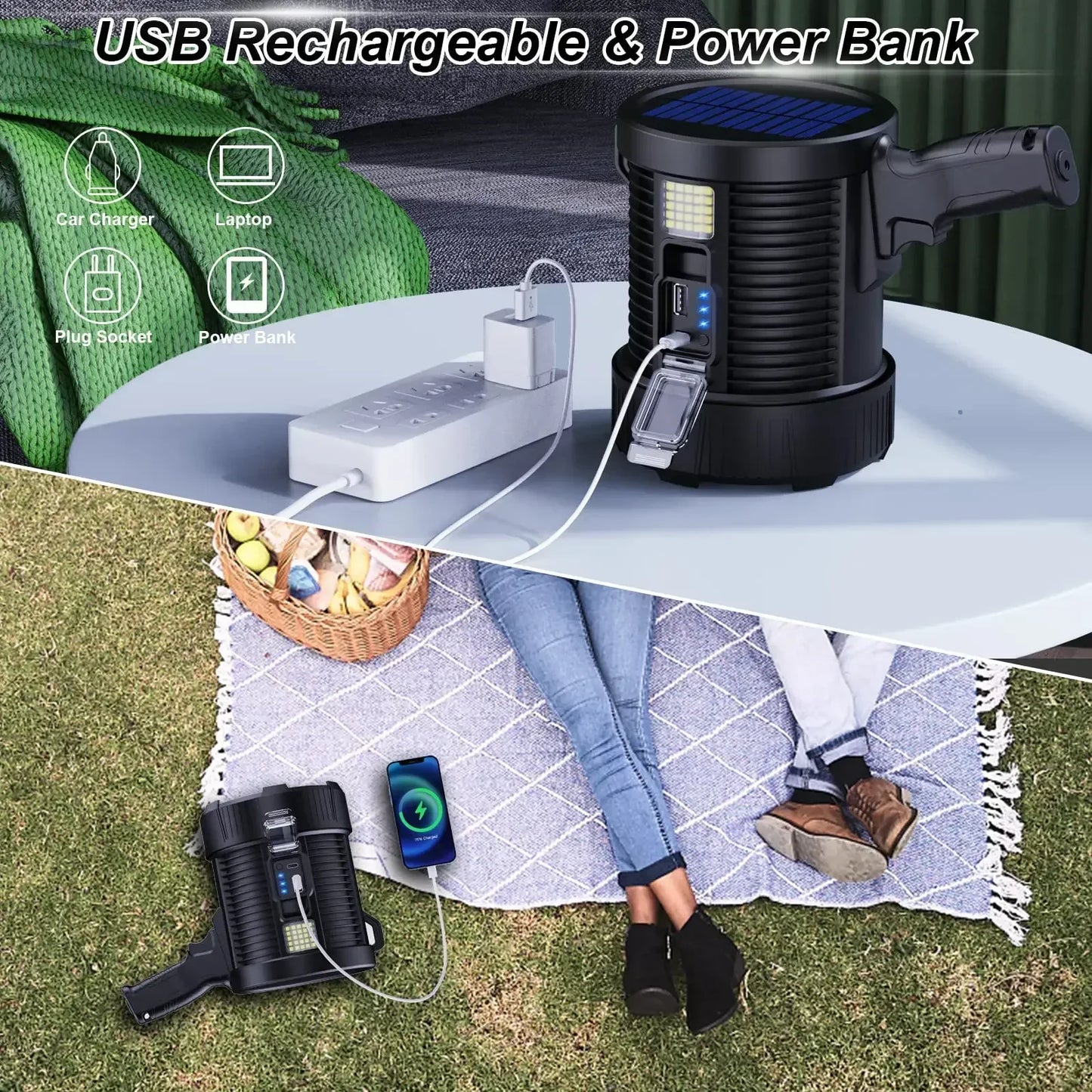 1000X Flashlight – 900,000 Lumens, Solar & USB, Side Light & Power Bank