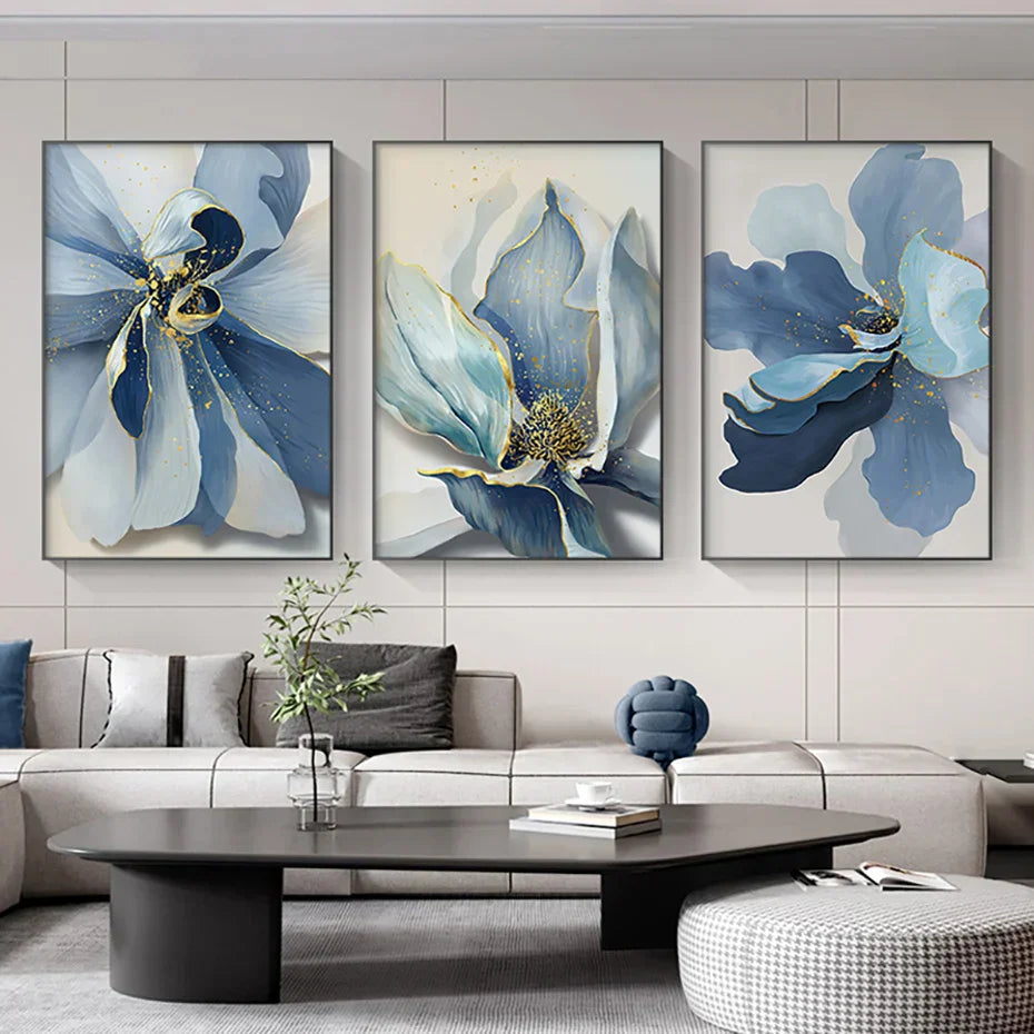 Modern Botanical Abstract Canvas Prints - Large Blue Floral Wall Art for Home Decor