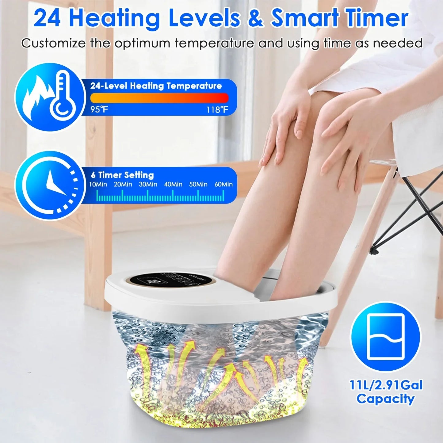 Space-Saving Foot Spa Massager with Remote, 6 Rollers & Bubbles – 11L Basin, 95–118°F