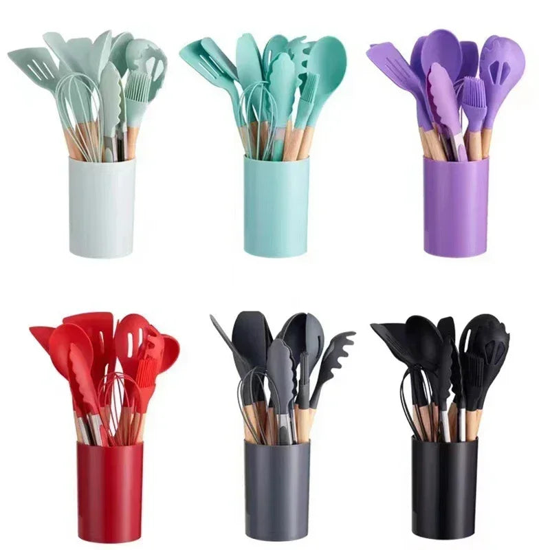 Silicone Cooking Utensils Set - 12 Pieces with Wooden Handles