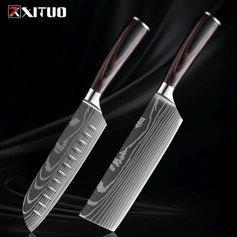 Kitchen Knife Collection - 1-9 Pieces Stainless Steel Chef, Santoku & Fruit Knives with Ergonomic Pakkawood Grip