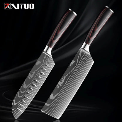 Kitchen Knife Collection - 1-9 Pieces Stainless Steel Chef, Santoku & Fruit Knives with Ergonomic Pakkawood Grip