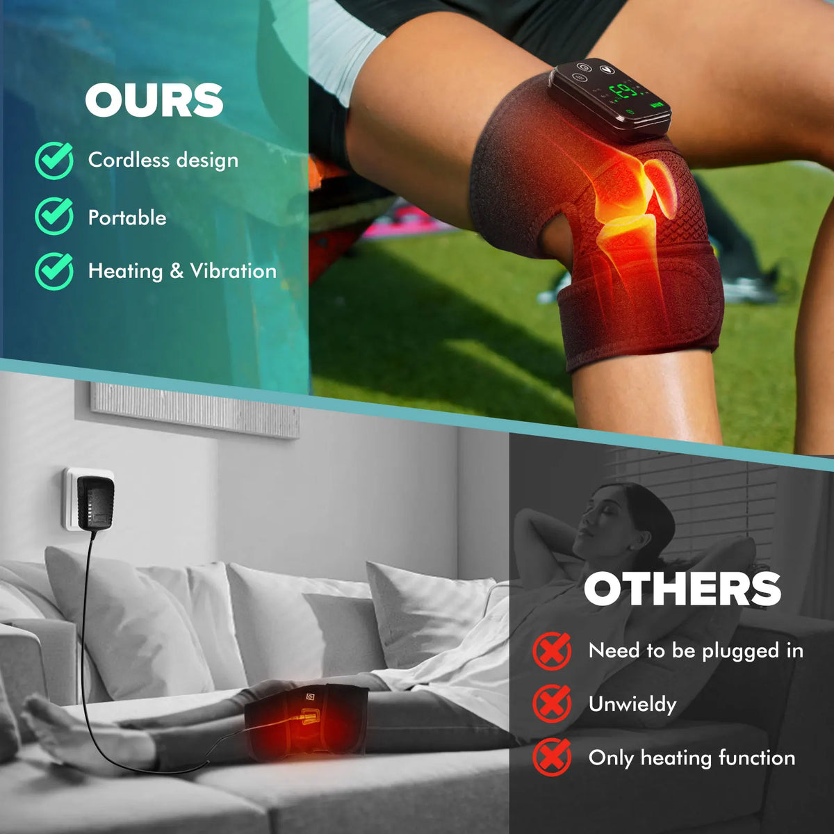 Vibrating Cordless Knee Massage Pad – 3 Heat Settings, 3 Modes, 4000mAh Battery, Adjustable Straps