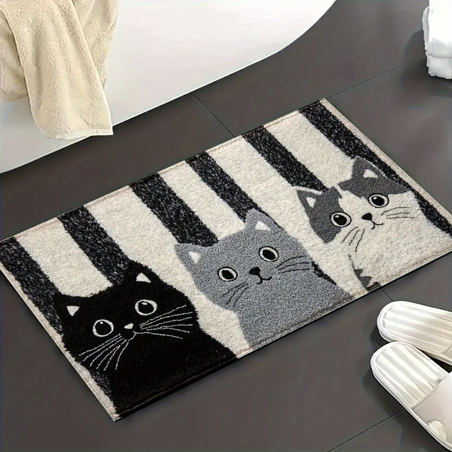 Waterproof Soft Floor Mat with Striped Cartoon Cat Design