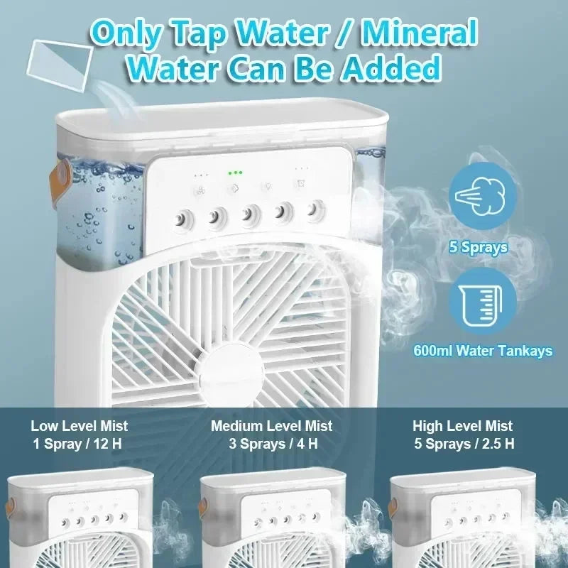 Portable 3-in-1 Air Conditioner Fan – Mini Cooler with LED Light, Humidifier, Adjustable Air for Home & Office