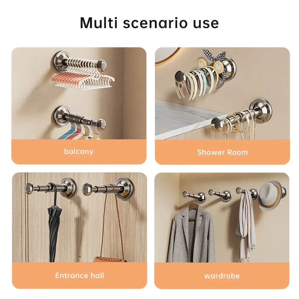 Telescopic Clothes Hanger Holder with Suction Cup - No Drilling Required for Bathroom, Closet & Balcony