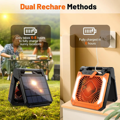 Portable 20000mAh Electric Fan with LED Light - USB, Solar & Car Charging for Camping