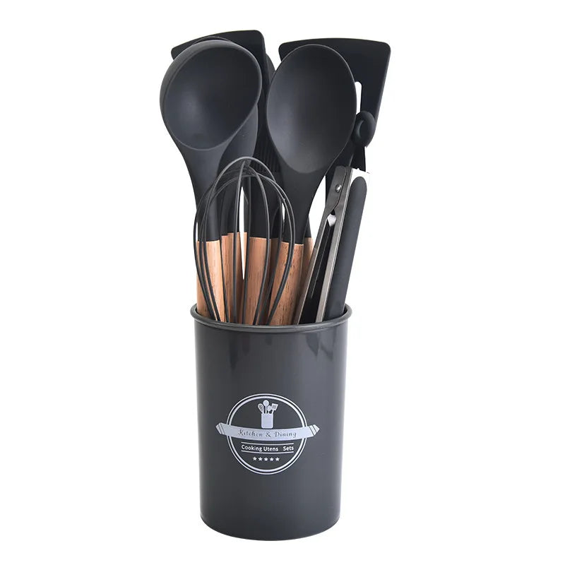 Kitchen Utensil Set - 12-Piece Silicone with Wooden Handle for Cooking, Frying & Serving