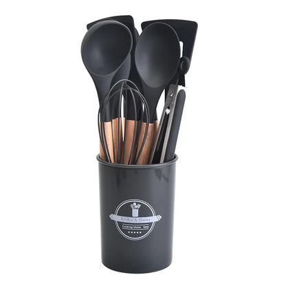 Kitchen Utensil Set - 12-Piece Silicone with Wooden Handle for Cooking, Frying & Serving