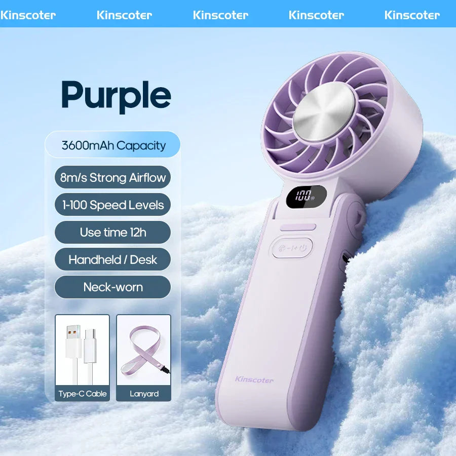 Mini Fan with 100 Speeds | 3600 mAh Rechargeable Battery | Foldable & Ice Cooling
