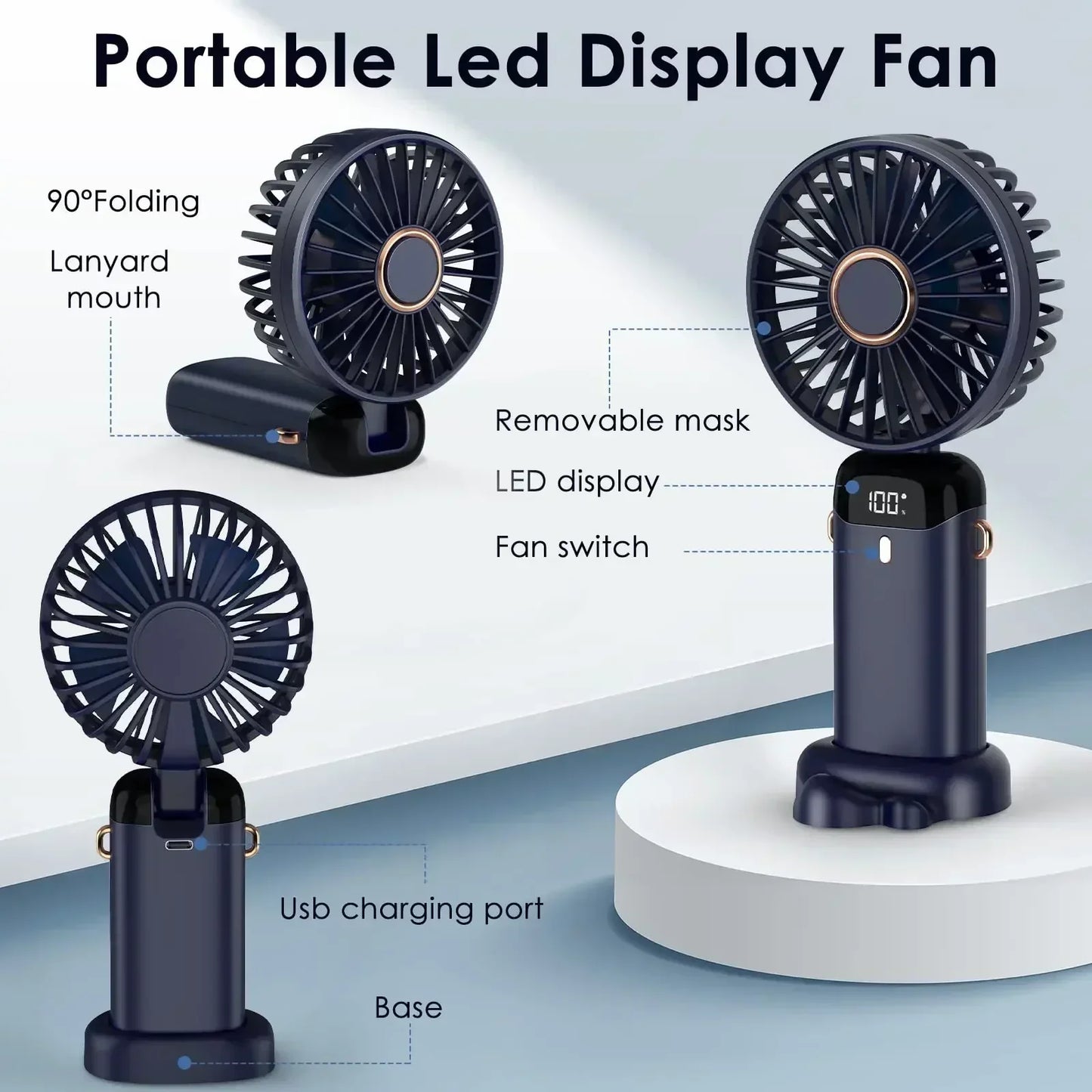 Portable Mini Fan 5000mAh – Wireless USB Rechargeable with Digital Screen and Phone Holder, 5-Speed Neck Hanging Design